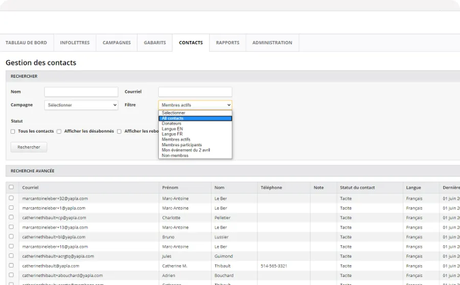Yapla : interface contacts 2 Yapla : interface contacts 2