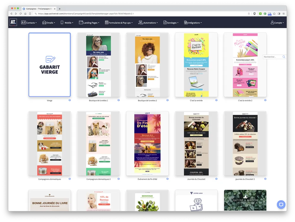ActiveTrail : interface du logiciel d'emailing en glisser-déposer, avec nombreux templates, A/B testing ...