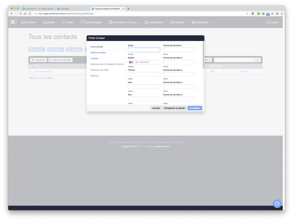 activetrail interface gestionnaire contacts