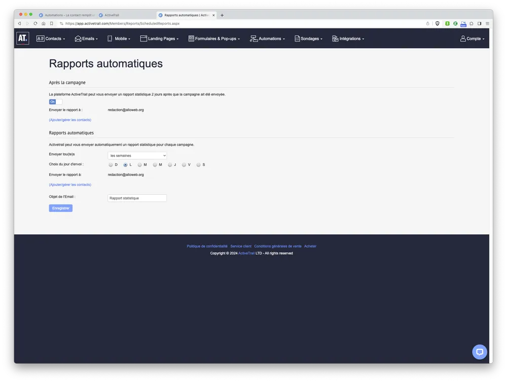 activetrail interface rapports automatiques