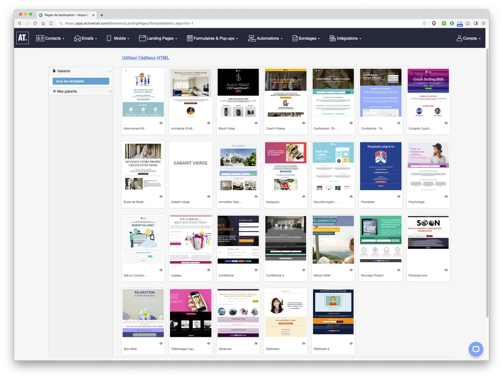 ActiveTrail : interface pour créer des landing pages, avec des modèles préconçus à personnaliser en quelques clics