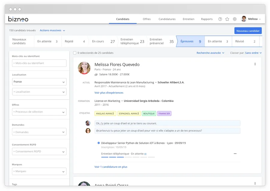 Bizneo ATS : interface logiciel recrutement Bizneo ATS : interface logiciel recrutement