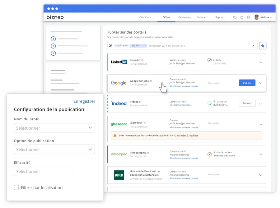 Bizneo ATS : interface multiposting Bizneo ATS : interface multiposting