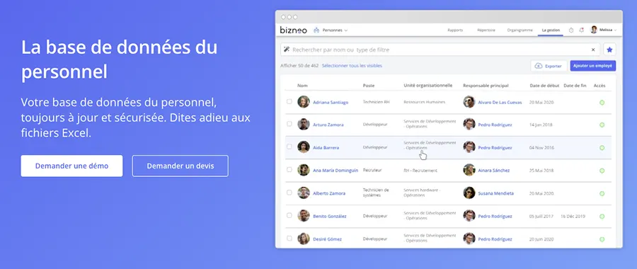 Bizneo HR : fonctionnalités base de données du personnel