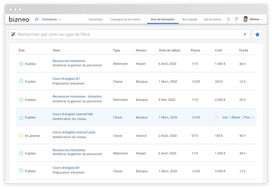 Bizneo HR : interface gestion formations