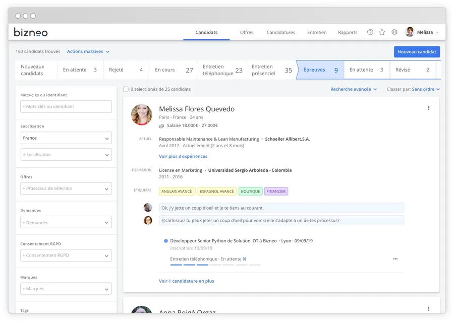 Bizneo HR : interface recrutement