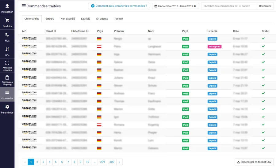 Channable : interface gestion commandes