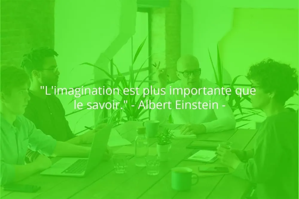 Citation de Albert Einstein sur le travail d'équipe et l'imagination.
