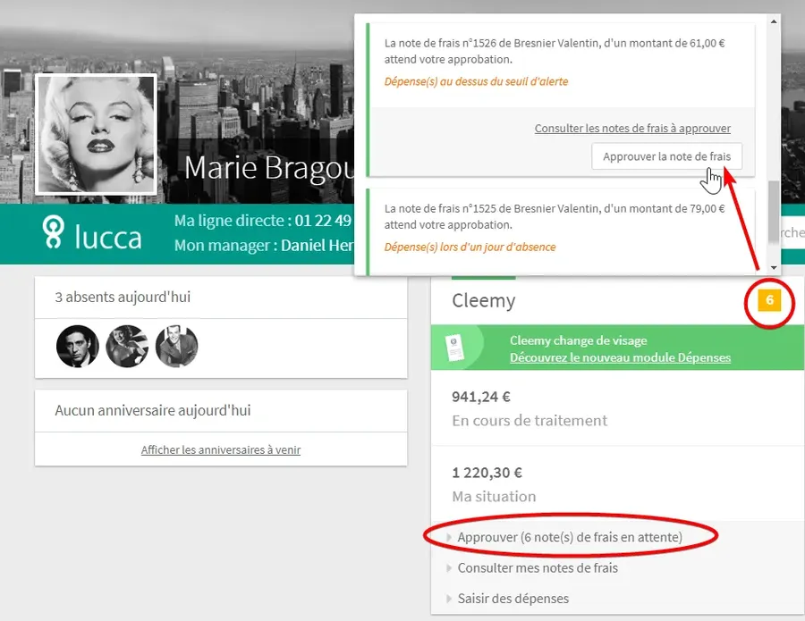Cleemy Notes de frais : interface approuver les note de frais