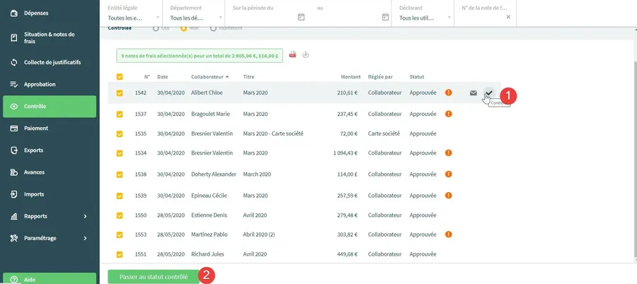 Cleemy Notes de frais : interface contrôler les notes de frais