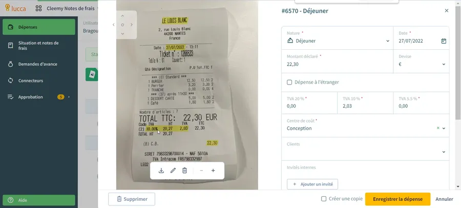 Cleemy Notes de frais : interface créer une dépense