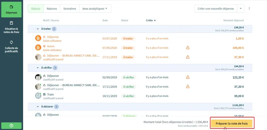 Cleemy Notes de frais : interface déclarer une note de frais