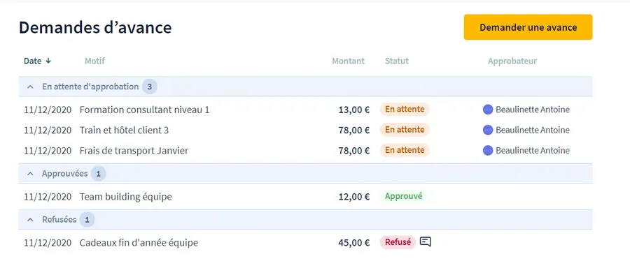 Cleemy Notes de frais : interface demander une avance sur frais