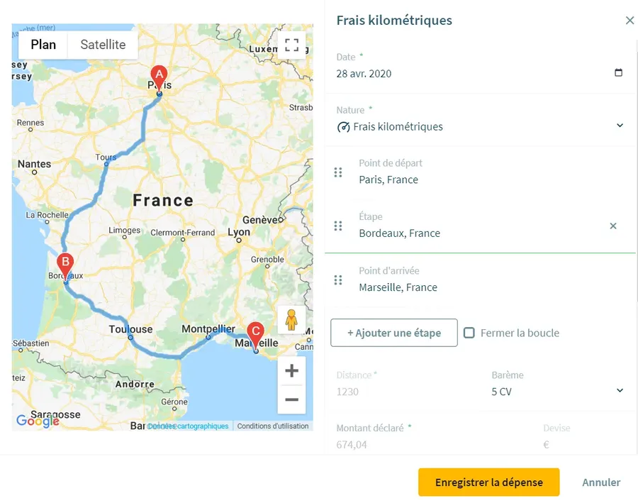 Cleemy Notes de frais : interface frais kilométriques
