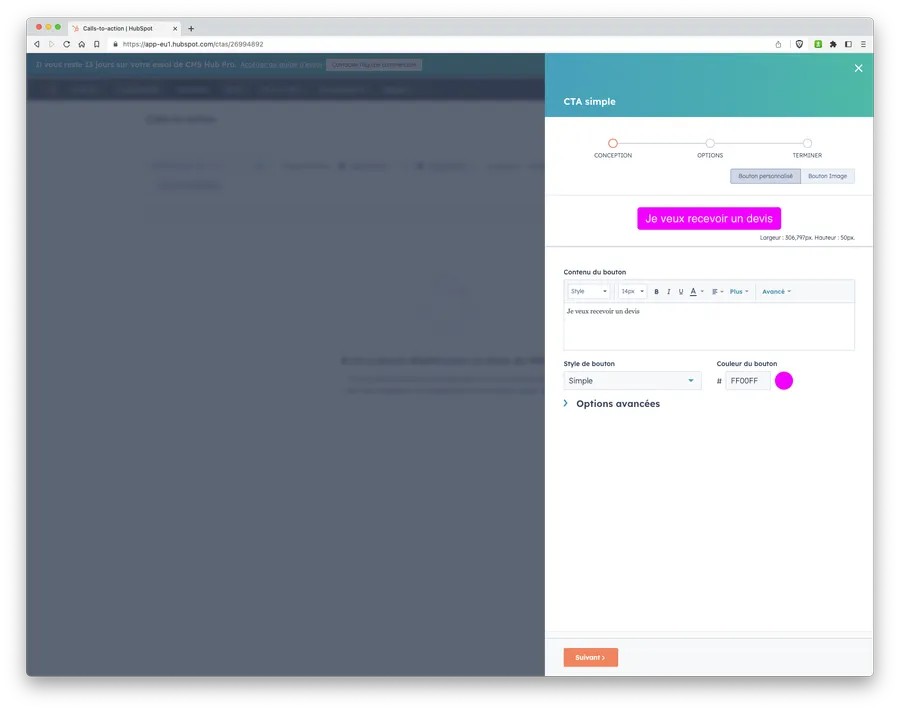 CMS Hub : fonctionnalité premium : créer un bouton call to action