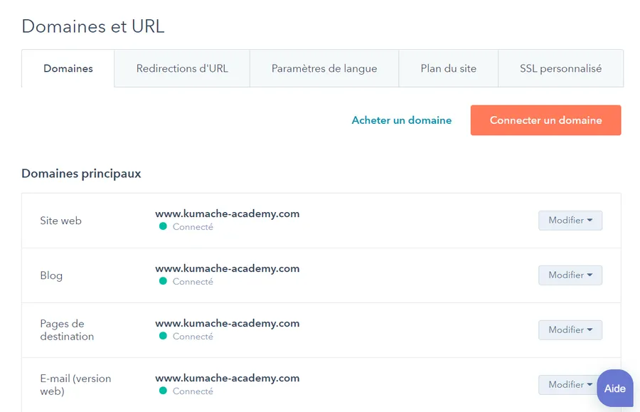 CMS Hub : interface gestion des domaines