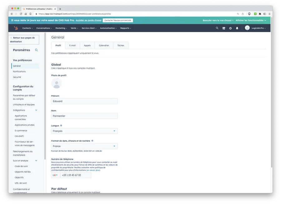 CMS Hub : interface des paramètres de personnalisation