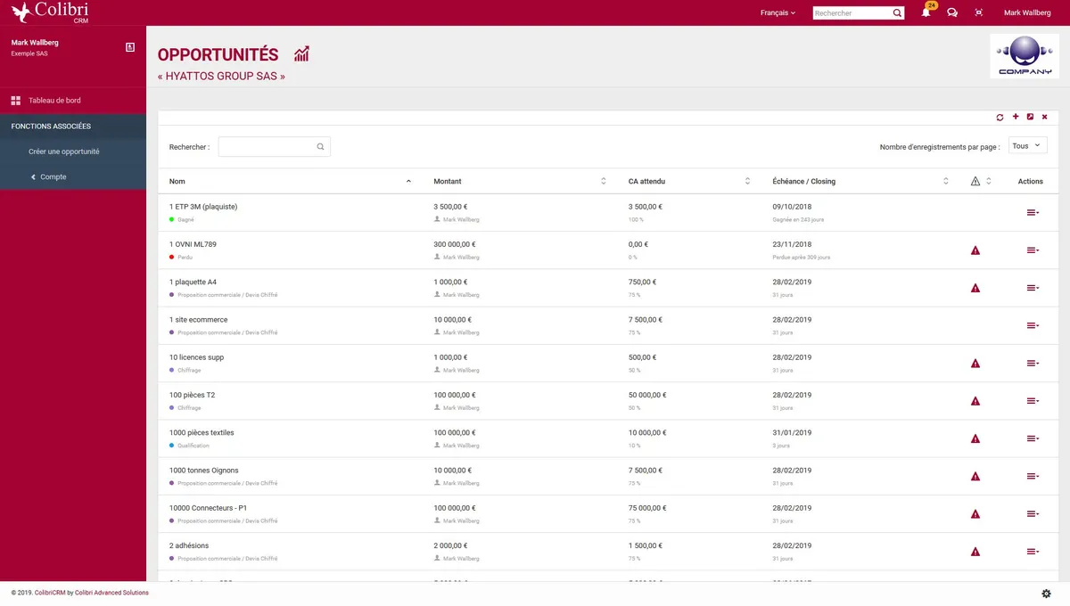 ColibriCRM : liste opportunités ColibriCRM : liste opportunités