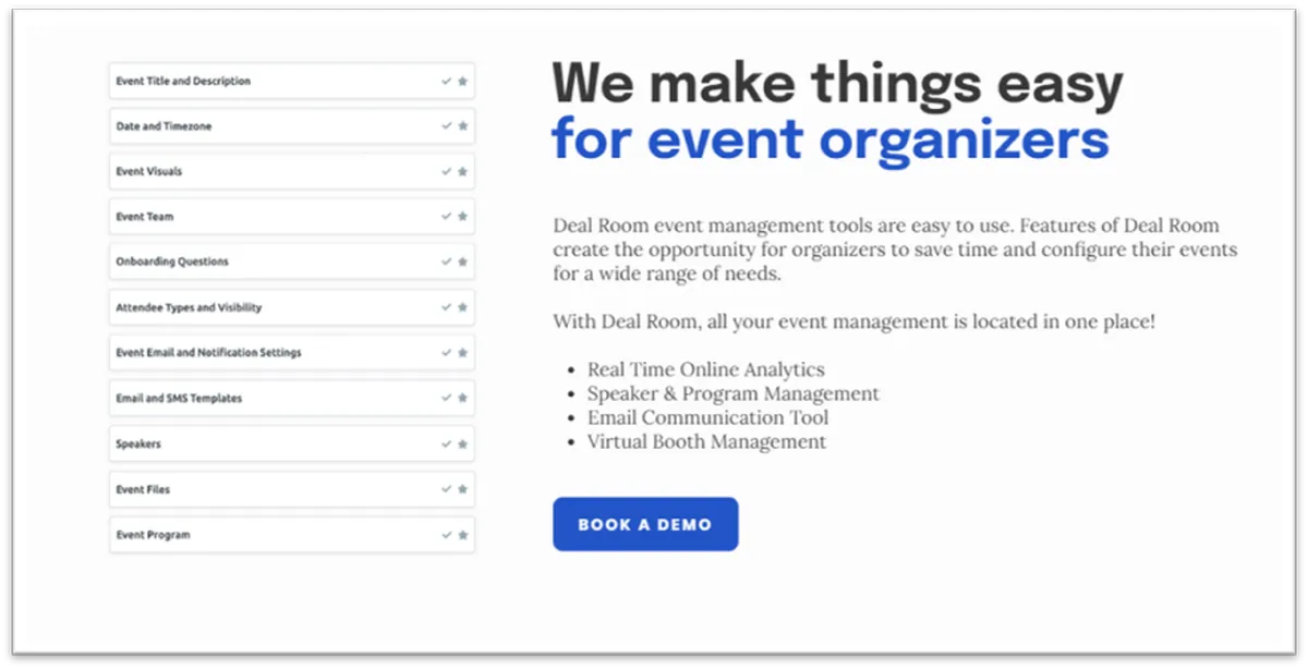 Deal Room : avis des utilisateurs, avantages & inconvénients de ce logiciel de gestion d'événements Deal Room : avis des utilisateurs, avantages & inconvénients de ce logiciel de gestion d'événements