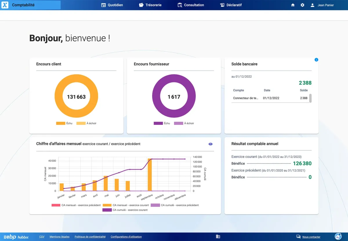 EBP Comptabilité Hubbix : interface tableau de bord