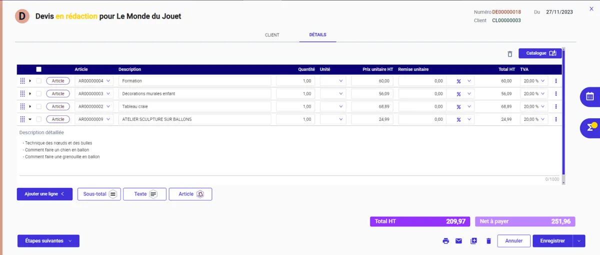 EBP Gestion Commerciale Hubbix : interface devis