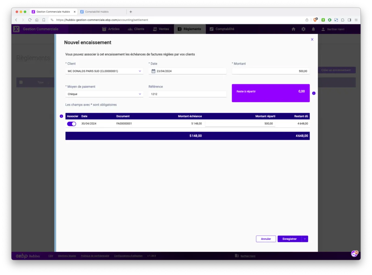 EBP Gestion Commerciale Hubbix : interface encaissement