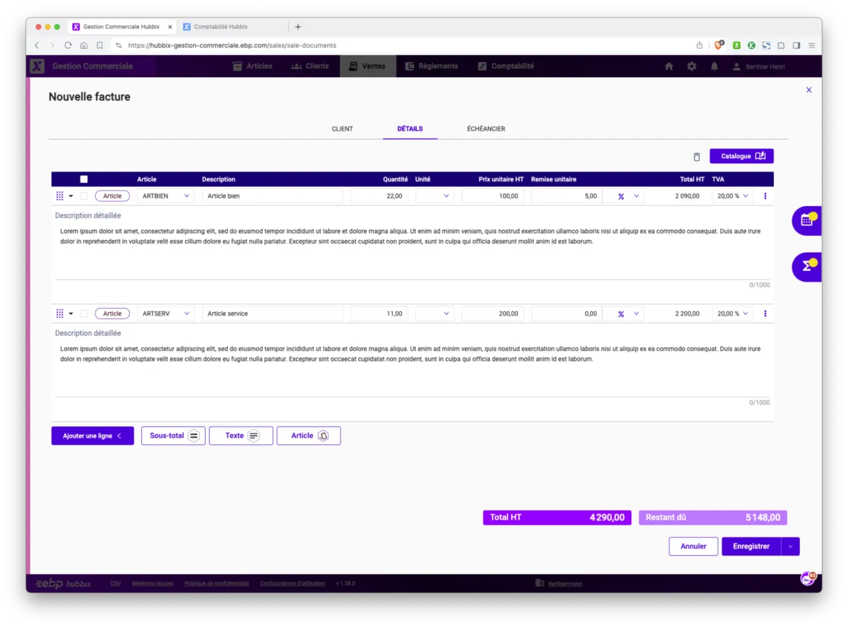 EBP Gestion Commerciale Hubbix : interface facture 1