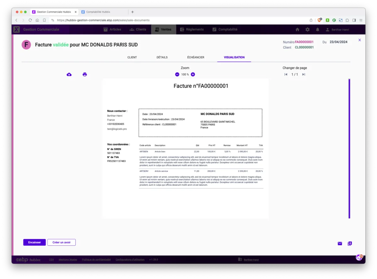EBP Gestion Commerciale Hubbix : interface facture 2