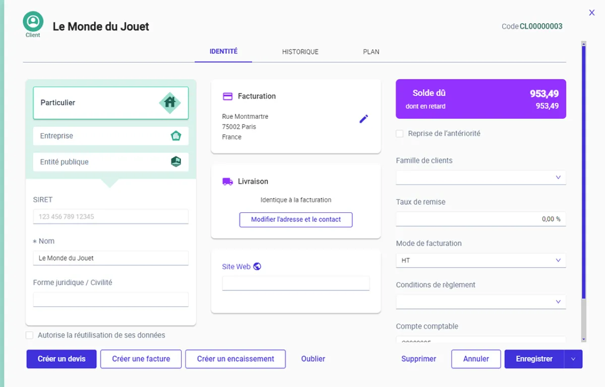 EBP Gestion Commerciale Hubbix : interface gestion des clients