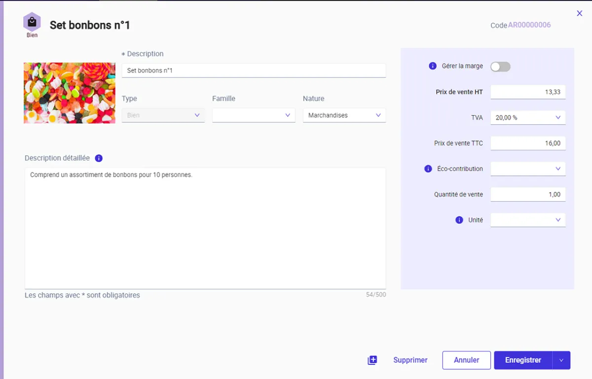 EBP Gestion Commerciale Hubbix : interface gestion des produits