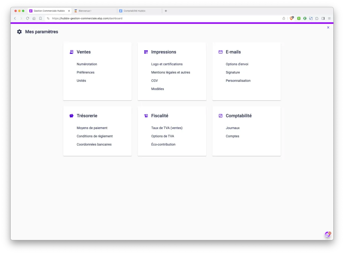 EBP Gestion Commerciale Hubbix : interface paramètres