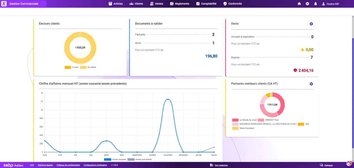 EBP Gestion Commerciale Hubbix : interface tableau de bord