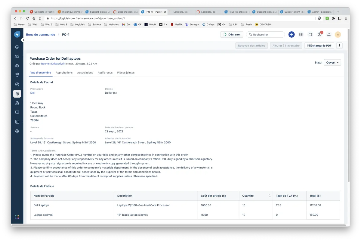 Freshservice : inventaire des bons de commande Freshservice : inventaire des bons de commande