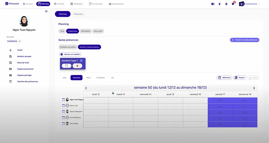 HiFiveWork : interface gestion présences HiFiveWork : interface gestion présences