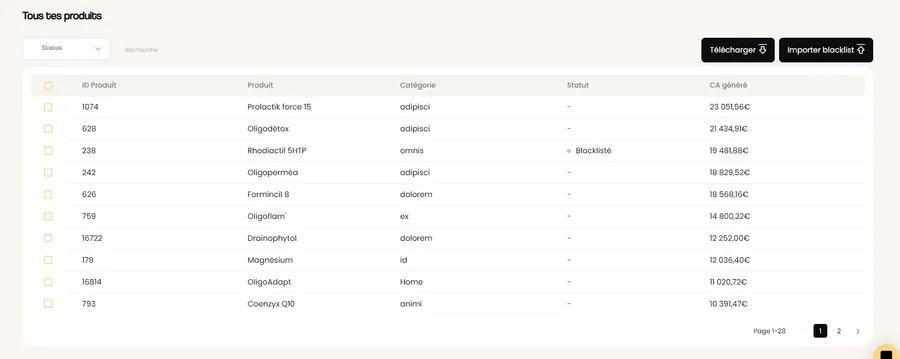 Kiliba : interface produits