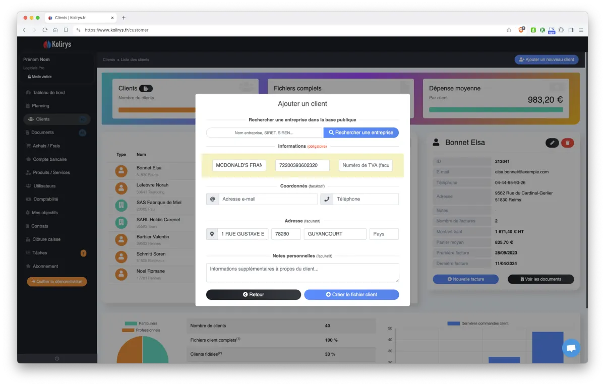 Kolirys : interface gestion des clients