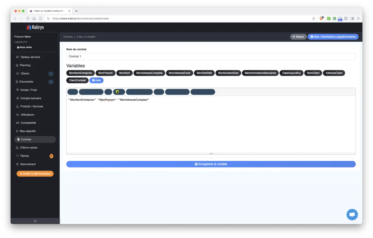 Kolirys : interface gestion contrats