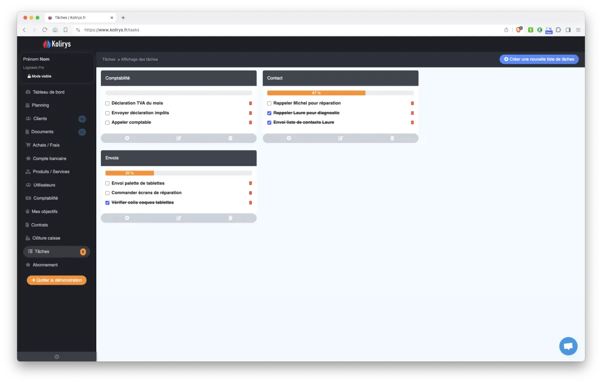 Kolirys : interface gestion des tâches