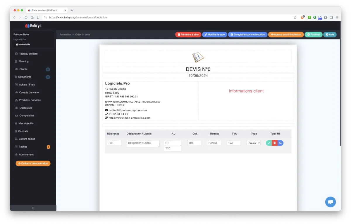 Kolirys : interface gestion des devis