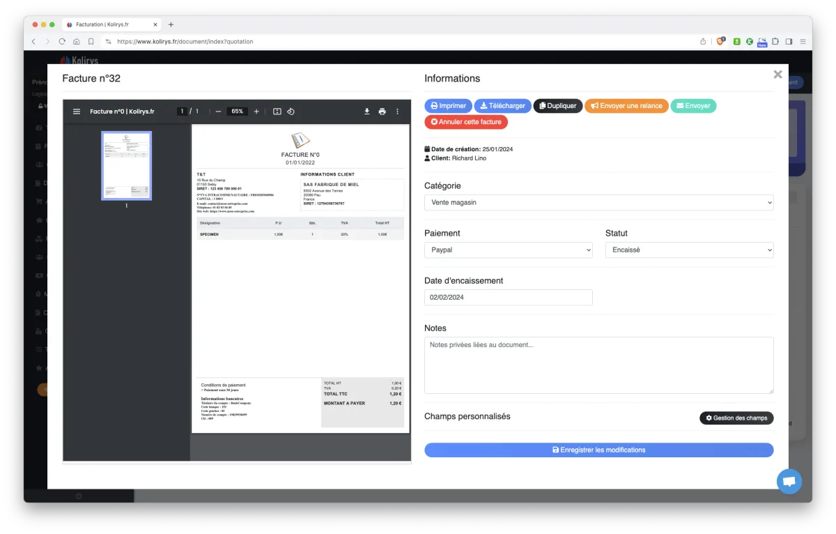 Kolirys : interface gestion des factures