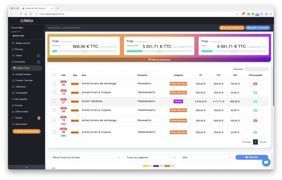 Kolirys : interface gestion des notes de frais