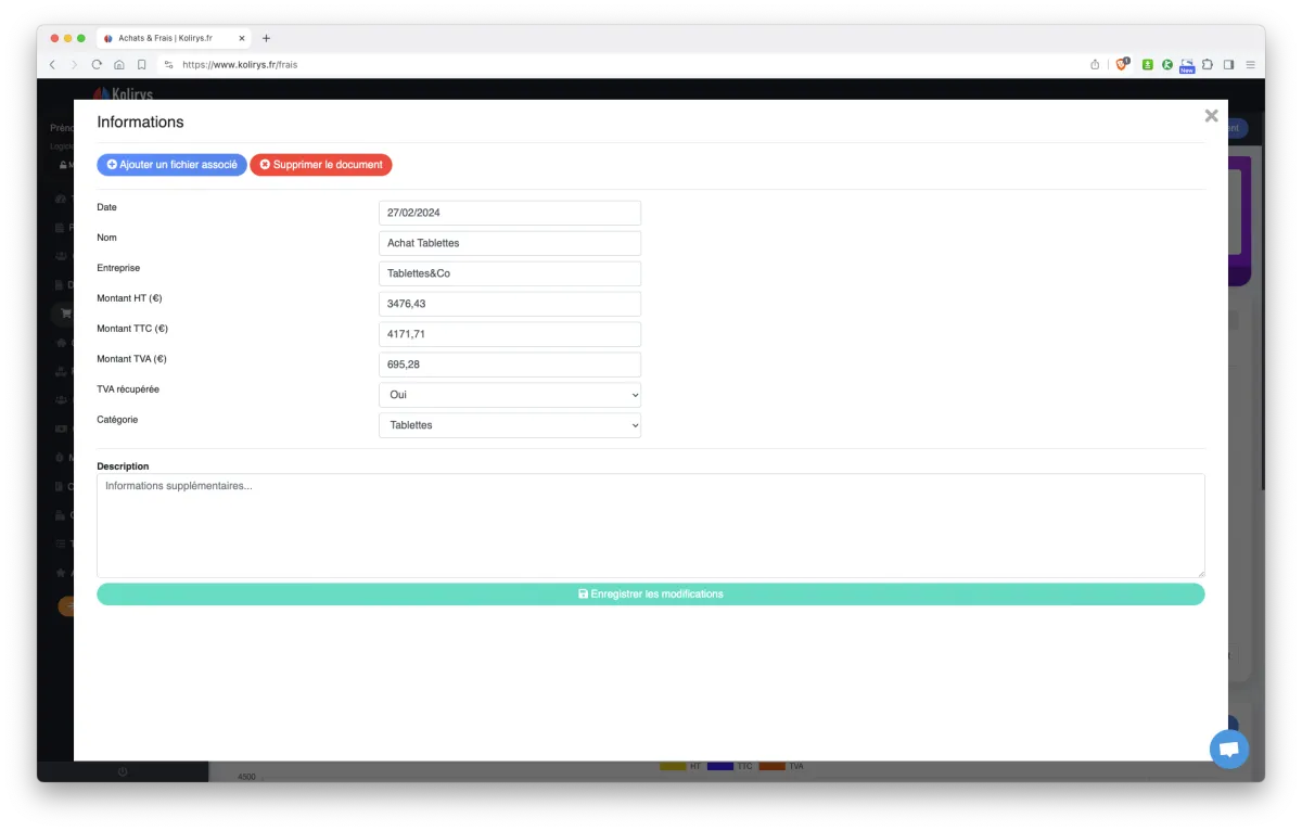 Kolirys : interface gestion des notes de frais