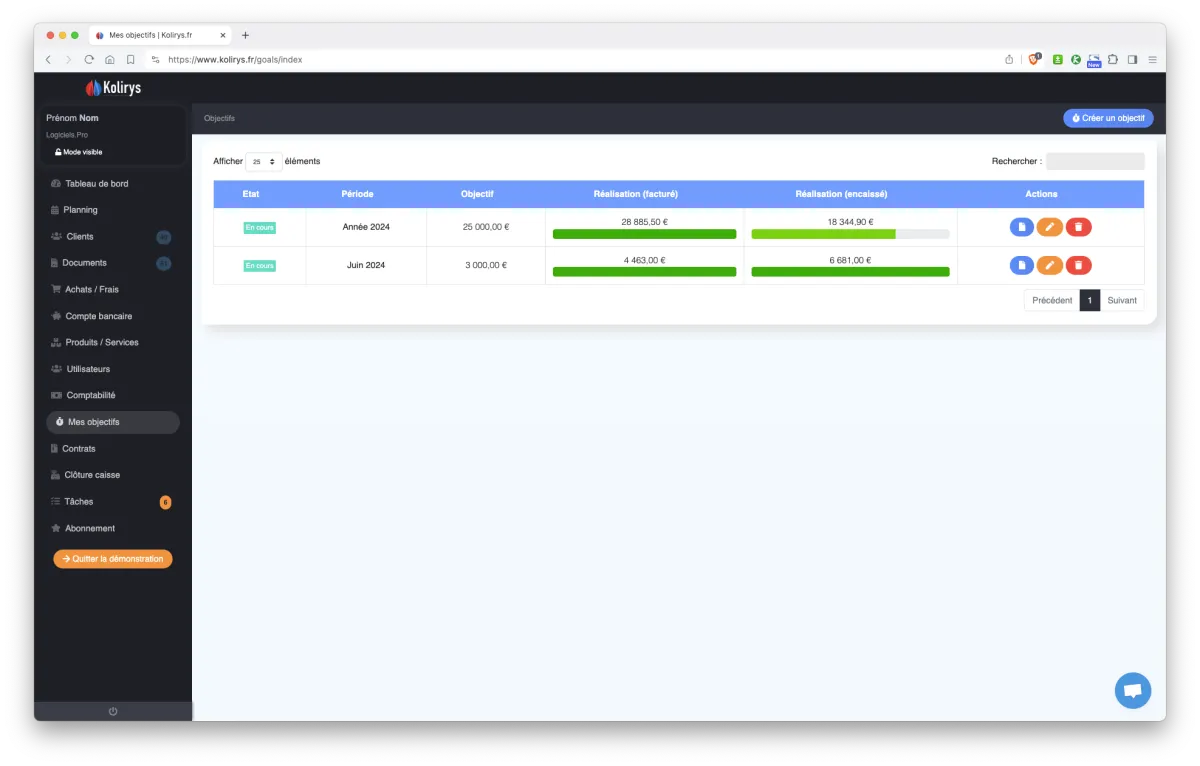 Kolirys : interface gestion des objectifs