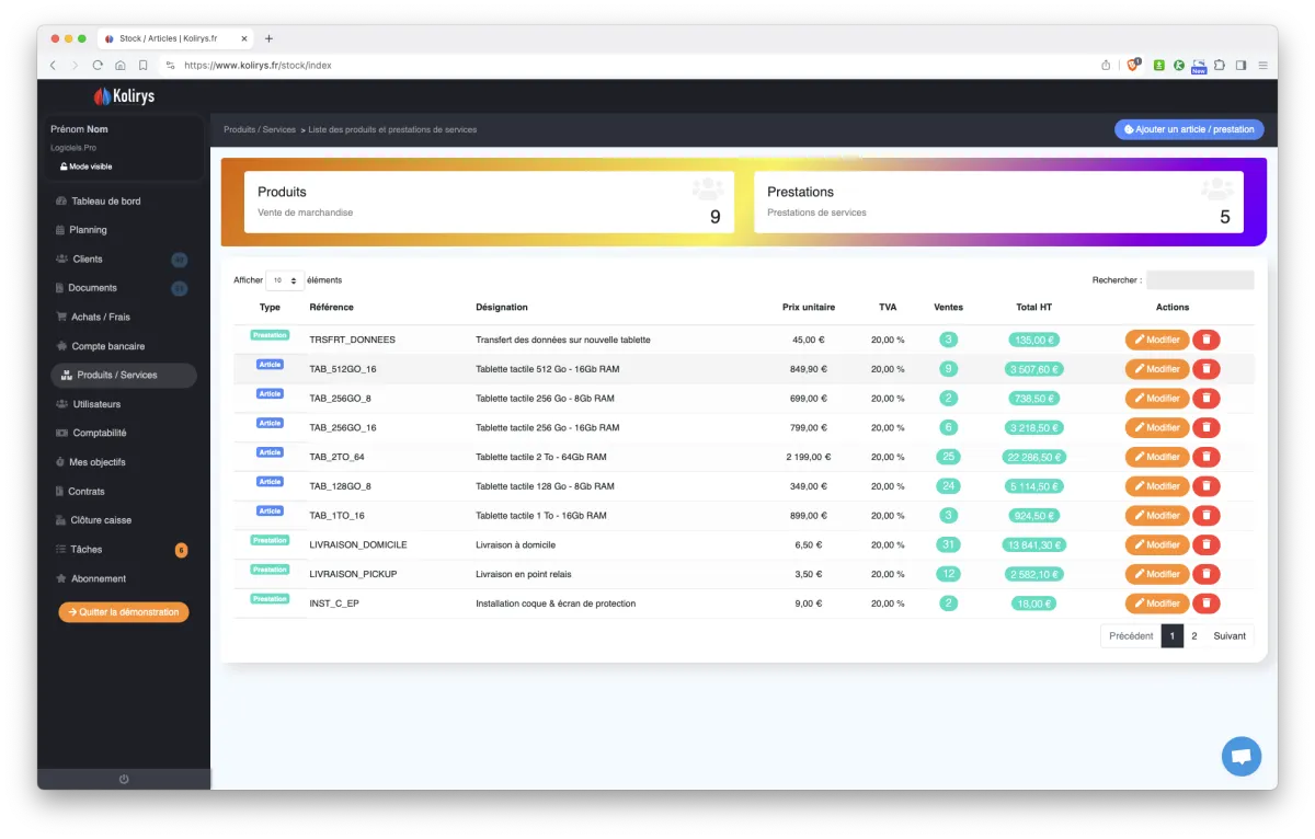Kolirys : interface gestion des produits