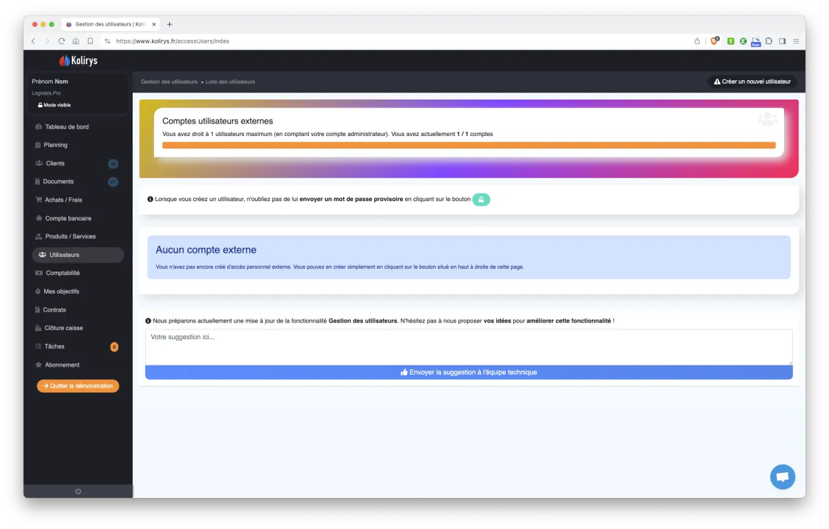 Kolirys : interface gestion des utilisateurs
