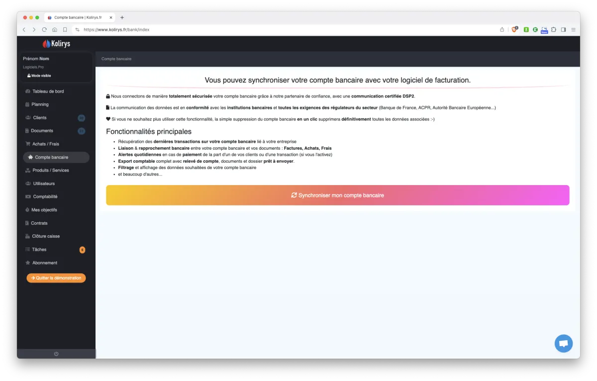 Kolirys : interface synchronisation bancaire