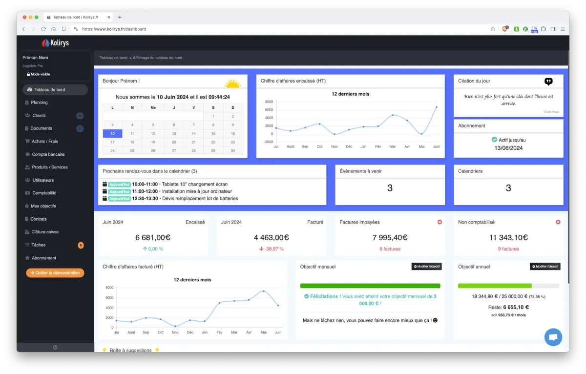 Kolirys : interface tableau de bord