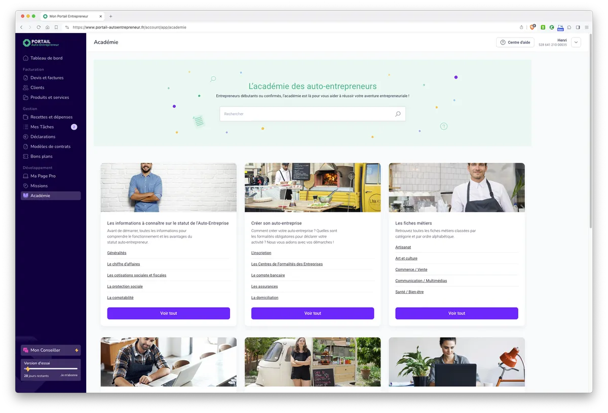 Mon Portail par Portail Auto-Entrepreneur : fonctionnalités académie 1