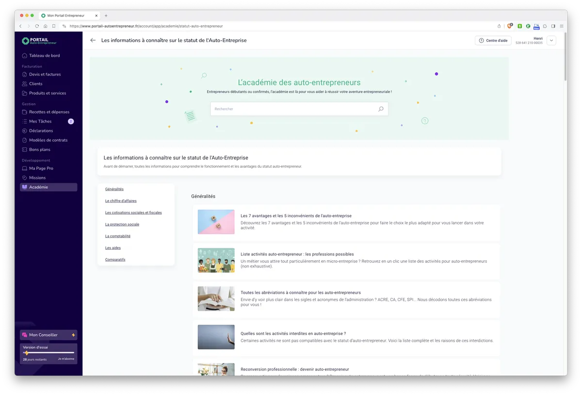 Mon Portail par Portail Auto-Entrepreneur : fonctionnalités académie 2