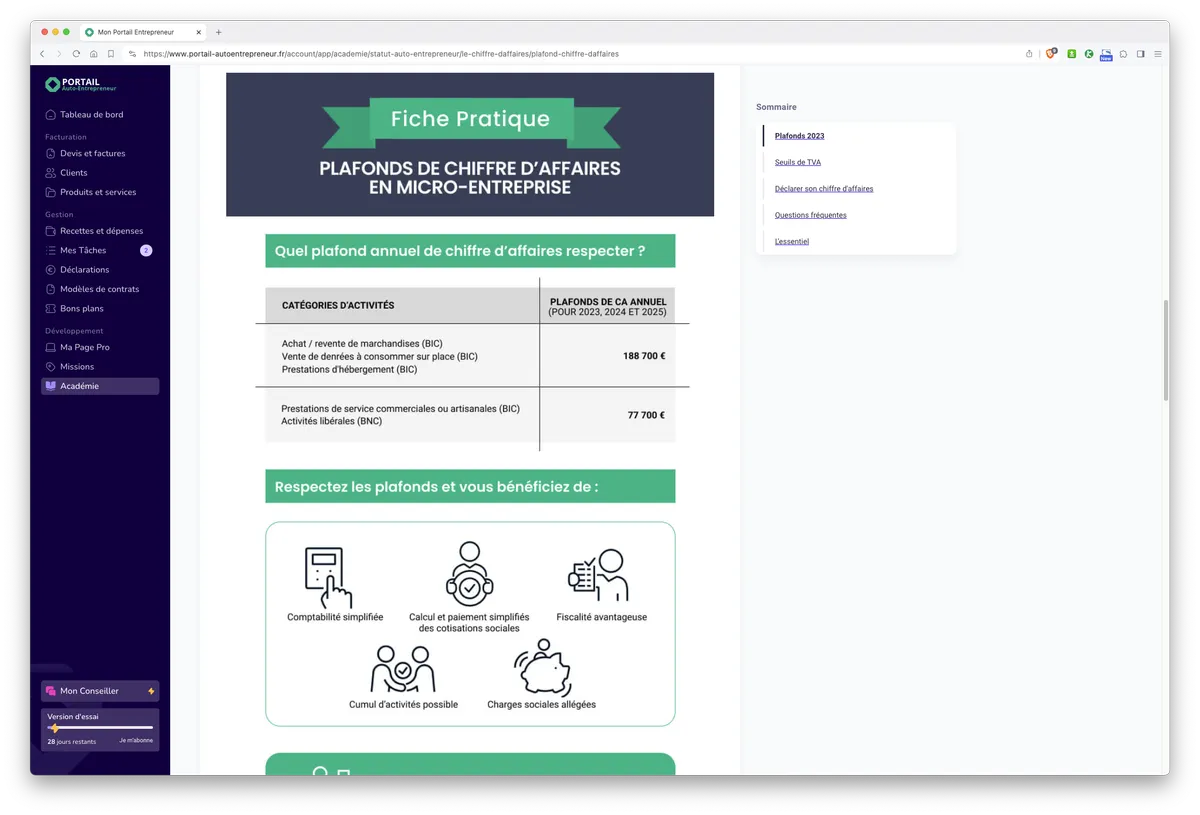 Mon Portail par Portail Auto-Entrepreneur : fonctionnalités académie 3